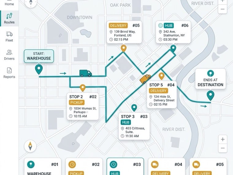 A logistics CRM route-tracking map with sequenced pickup, hub and delivery stops across a city.