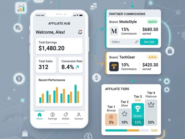 An affiliate hub app showing partner earnings, brand commission rates and tiered payout levels.