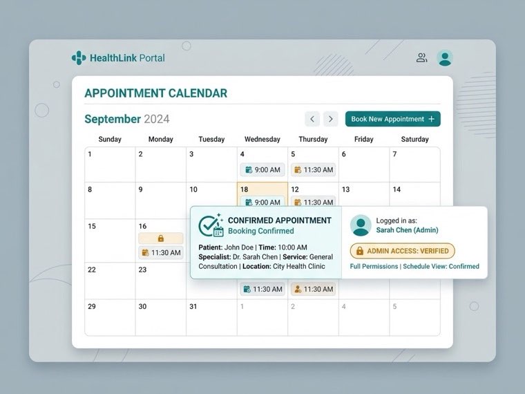 A clinic appointment calendar with a confirmed booking and verified admin access.