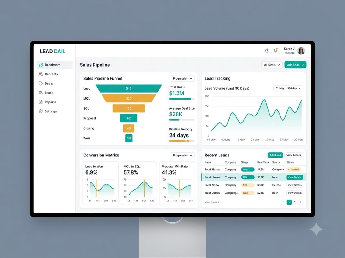 The LEAD DAIL CRM sales pipeline: a funnel from lead to won, lead-volume tracking, conversion metrics and a recent-leads table.