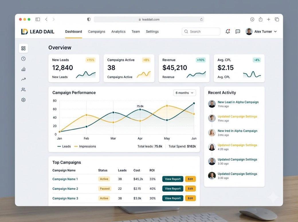 The LEAD DAIL campaign dashboard showing new leads, active campaigns, revenue and cost-per-lead alongside a six-month performance chart.