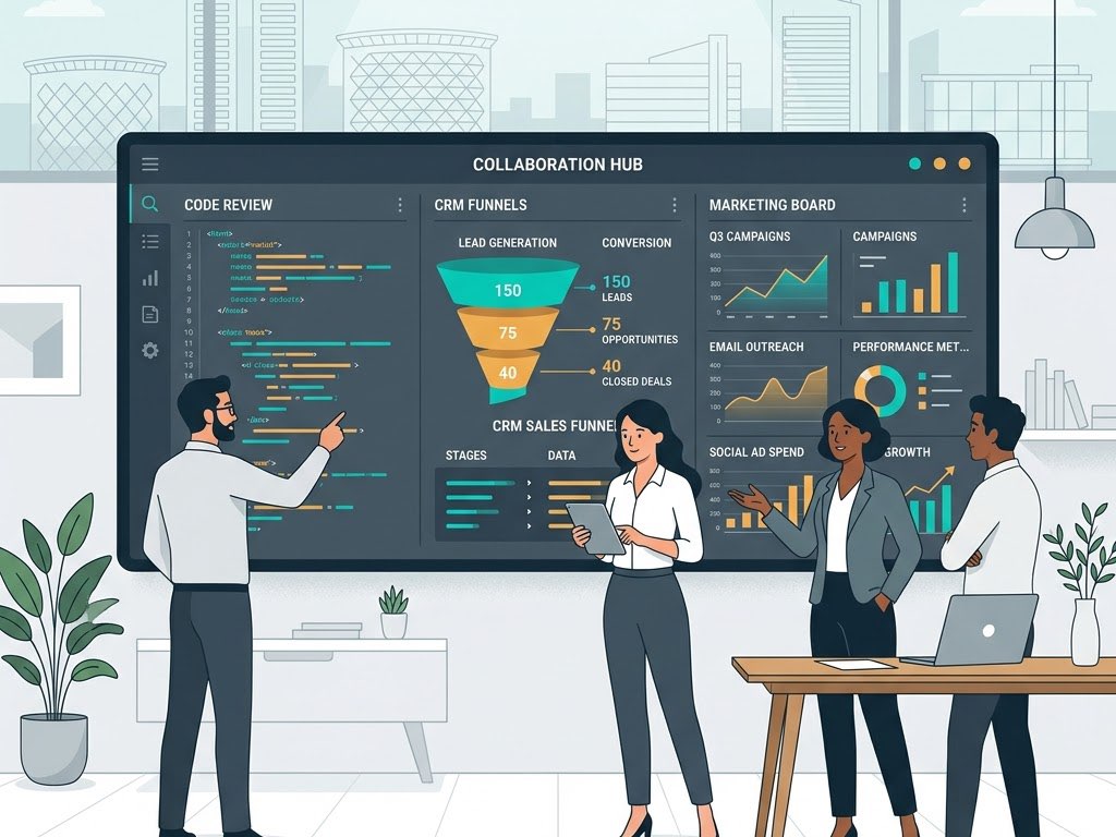 The LEAD DAIL team reviewing code, CRM funnels and a marketing board together on a shared collaboration screen.